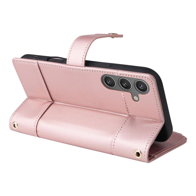 Funda de cuero tipo cartera con cremallera y bloqueo RFID para Samsung Galaxy S24/S25 5G (oro rosa)