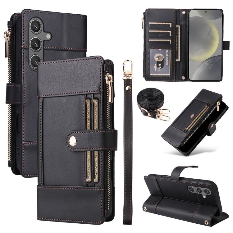 Funda de cuero con cremallera y bloqueo RFID para Samsung Galaxy S24/S25 5G (negro)