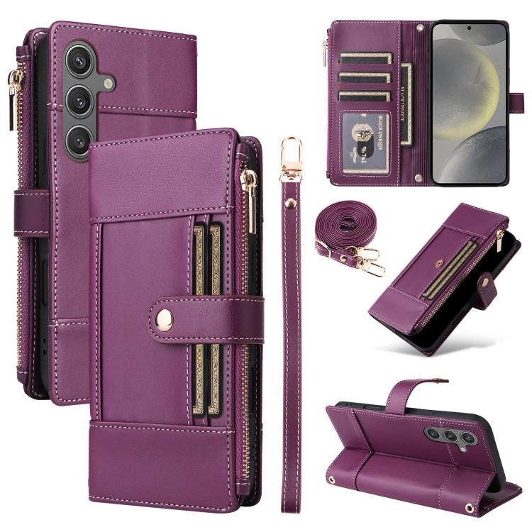 Funda de cuero tipo cartera con cremallera y bloqueo RFID para Samsung Galaxy S24/S25 5G (morado)