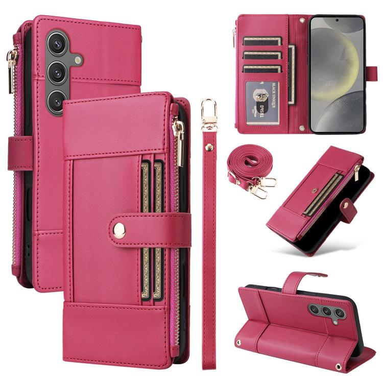 Funda de cuero tipo cartera con cremallera y bloqueo RFID para Samsung Galaxy S24/S25 5G (roja)