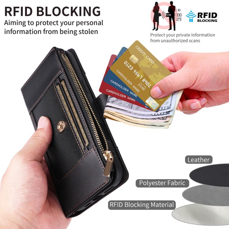 Funda de cuero con cremallera y bloqueo RFID para Samsung Galaxy S23 5G (negro)