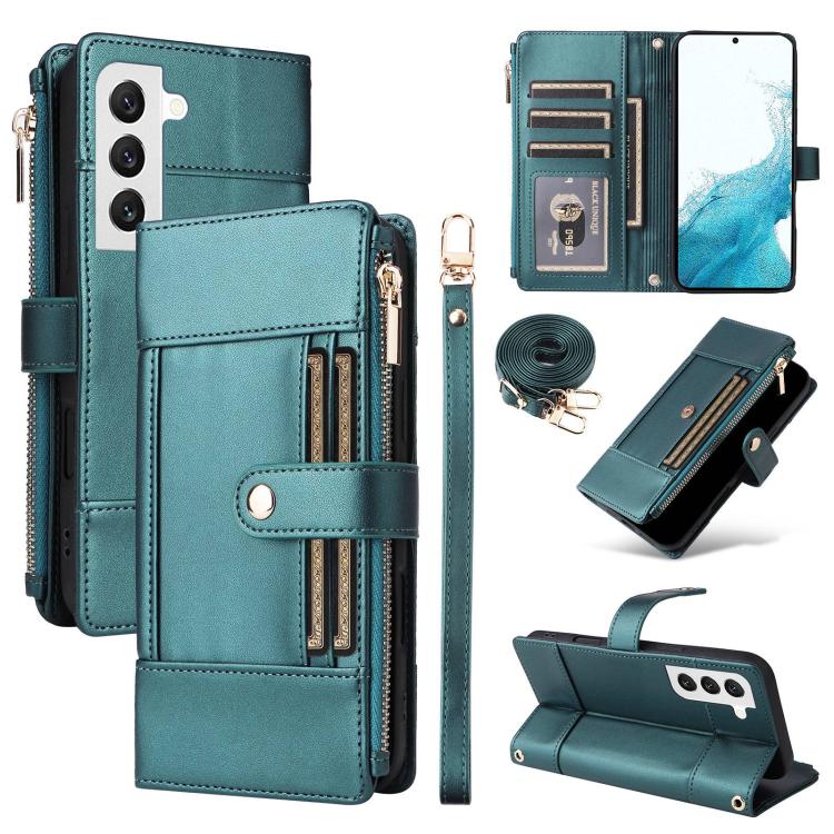 Funda de cuero tipo cartera con cremallera y bloqueo RFID para Samsung Galaxy S23 5G (verde)