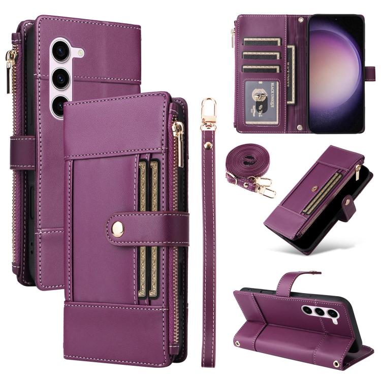 Funda de cuero tipo cartera con cremallera y bloqueo RFID para Samsung Galaxy S23 5G (morado)