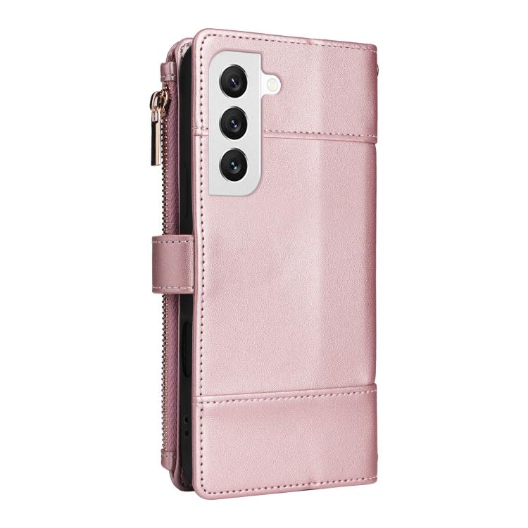 Funda de cuero tipo cartera con cremallera y bloqueo RFID para Samsung Galaxy S22 5G (oro rosa)