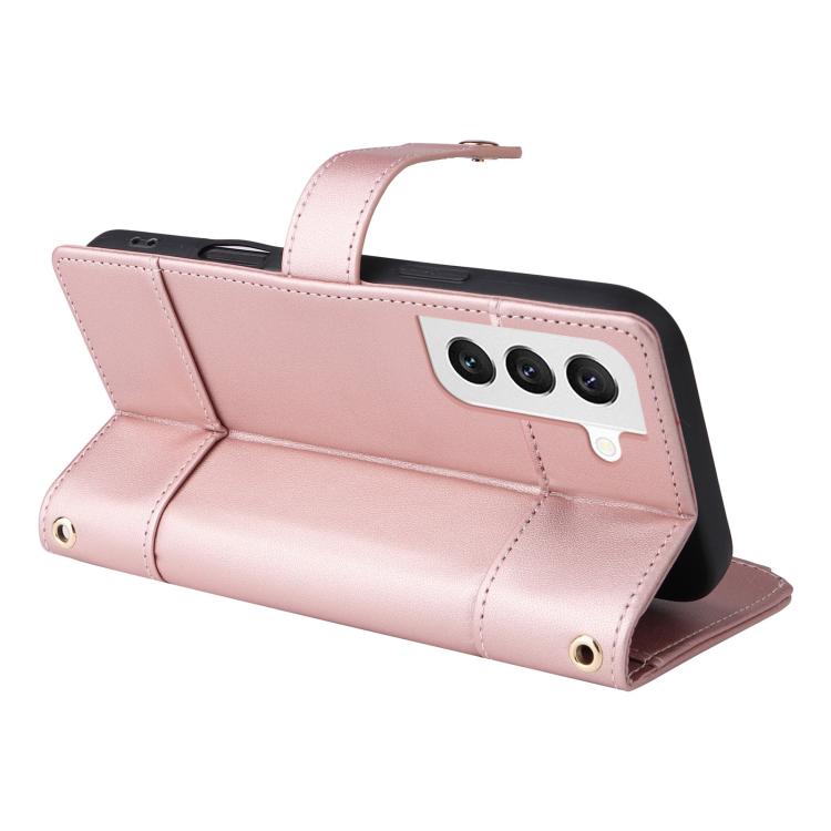 Funda de cuero tipo cartera con cremallera y bloqueo RFID para Samsung Galaxy S22 5G (oro rosa)