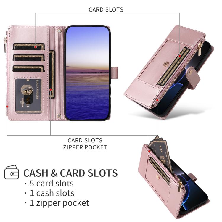 Funda de cuero tipo cartera con cremallera y bloqueo RFID para Samsung Galaxy S22 5G (oro rosa)