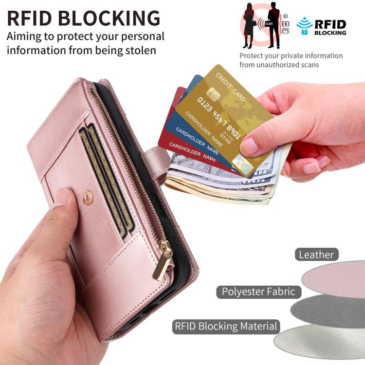 Funda de cuero tipo cartera con cremallera y bloqueo RFID para Samsung Galaxy S22 5G (oro rosa)