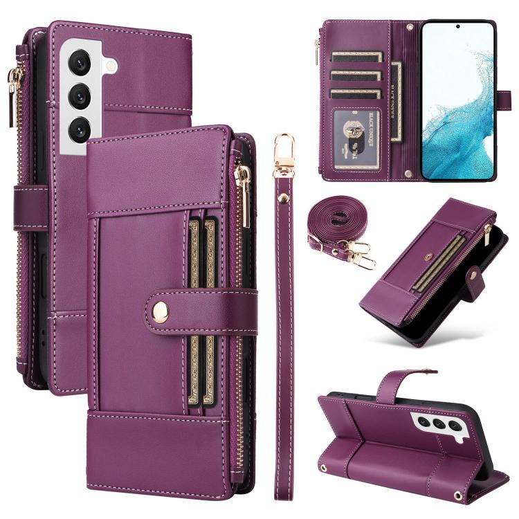 Funda de cuero tipo cartera con cremallera y bloqueo RFID para Samsung Galaxy S22 5G (morado)