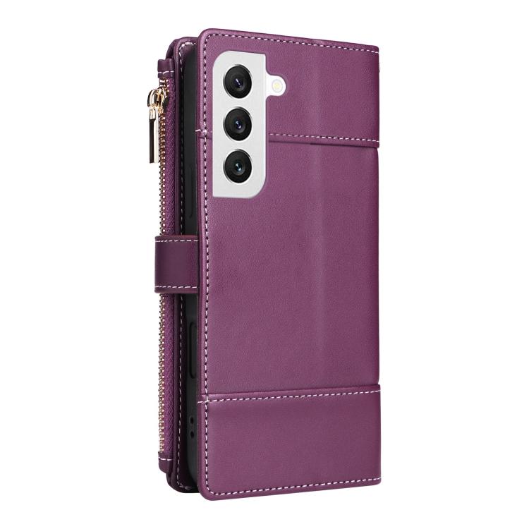 Funda de cuero tipo cartera con cremallera y bloqueo RFID para Samsung Galaxy S22 5G (morado)