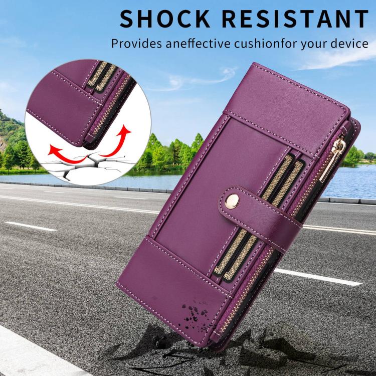Funda de cuero tipo cartera con cremallera y bloqueo RFID para Samsung Galaxy S22 5G (morado)