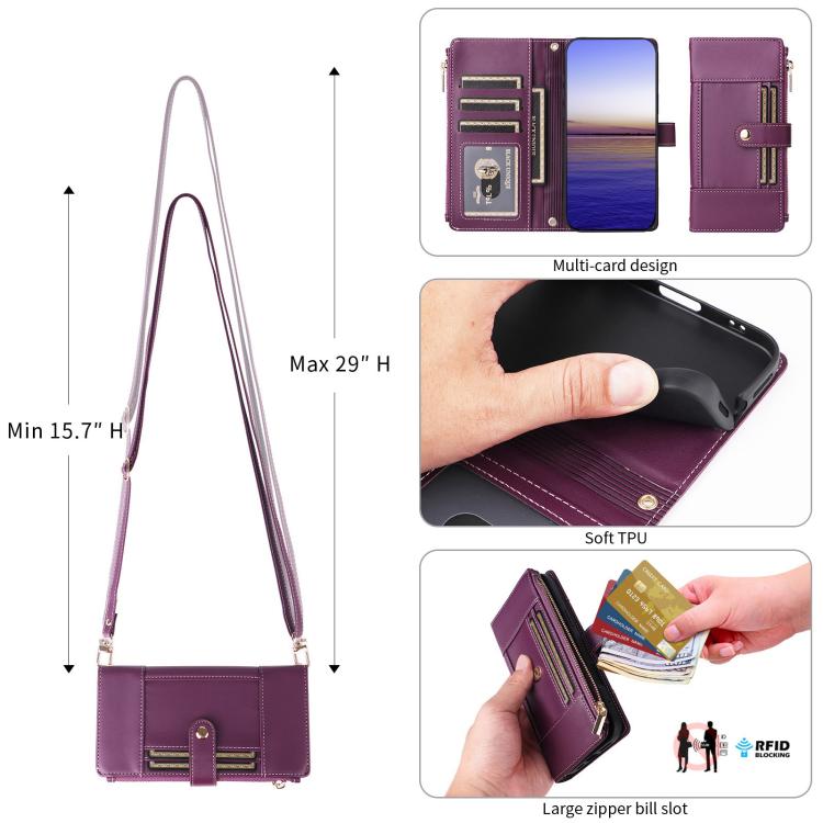 Funda de cuero tipo cartera con cremallera y bloqueo RFID para Samsung Galaxy S22 5G (morado)