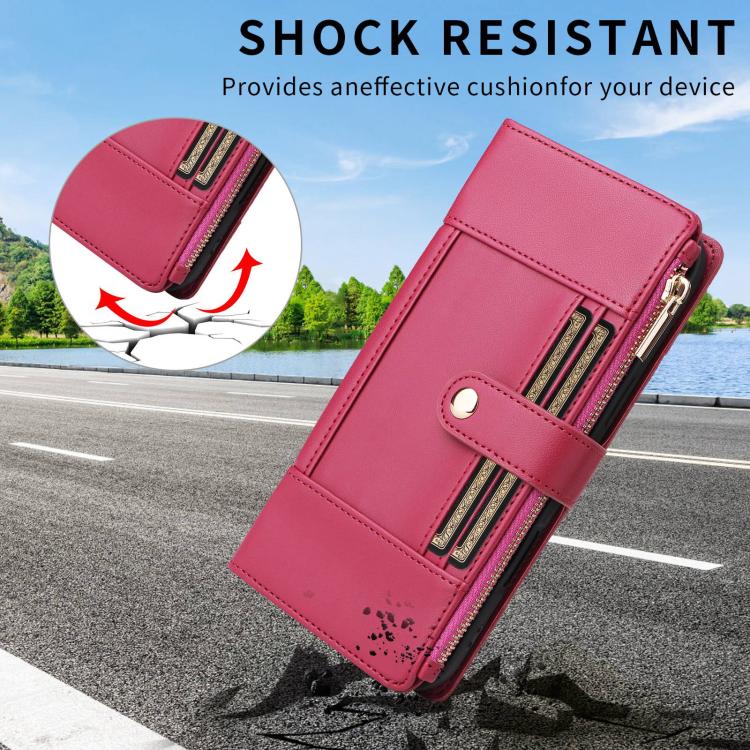 Funda de cuero tipo cartera con cremallera y bloqueo RFID para Samsung Galaxy S22 5G (roja)