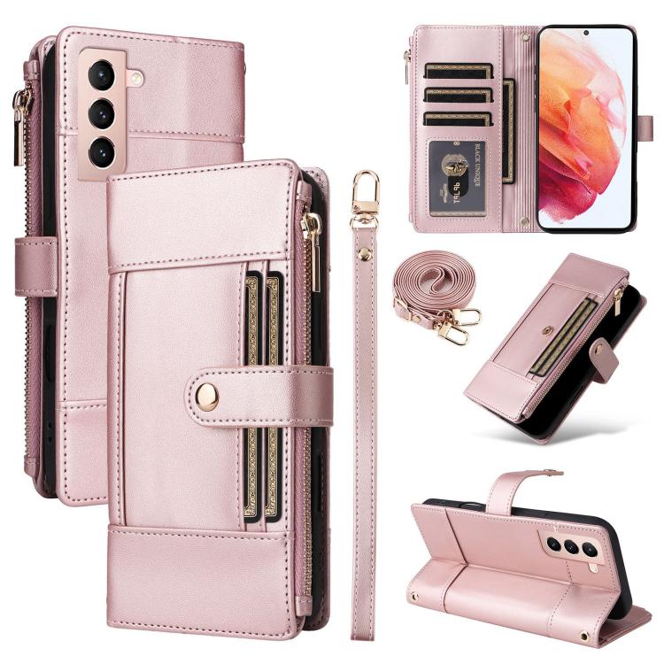 Funda de cuero tipo cartera con cremallera y bloqueo RFID para Samsung Galaxy S21 5G (oro rosa)