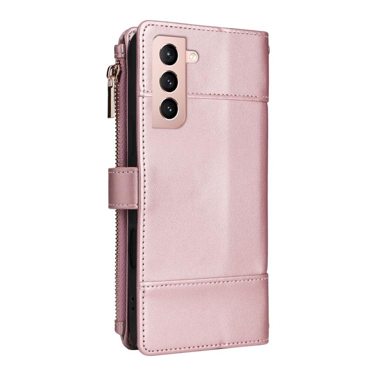 Funda de cuero tipo cartera con cremallera y bloqueo RFID para Samsung Galaxy S21 5G (oro rosa)