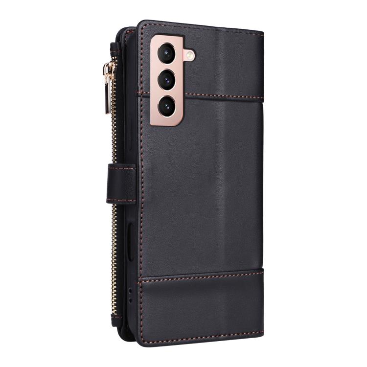 Funda de cuero con cremallera y bloqueo RFID para Samsung Galaxy S21 5G (negro)