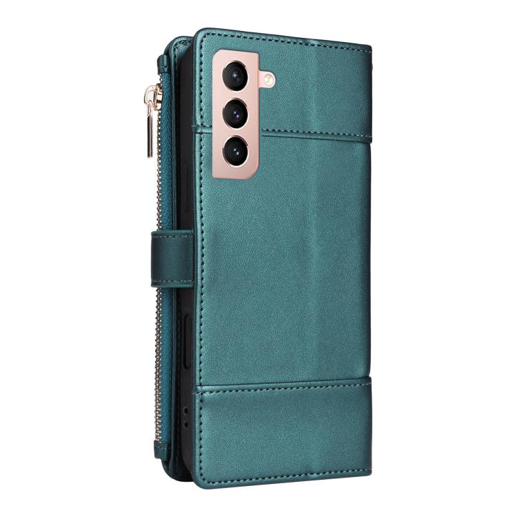 Funda de cuero tipo cartera con cremallera y bloqueo RFID para Samsung Galaxy S21 5G (verde)