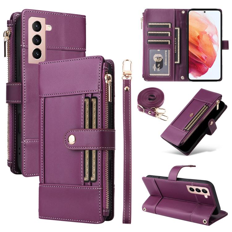 Funda de cuero tipo cartera con cremallera y bloqueo RFID para Samsung Galaxy S21 5G (morado)