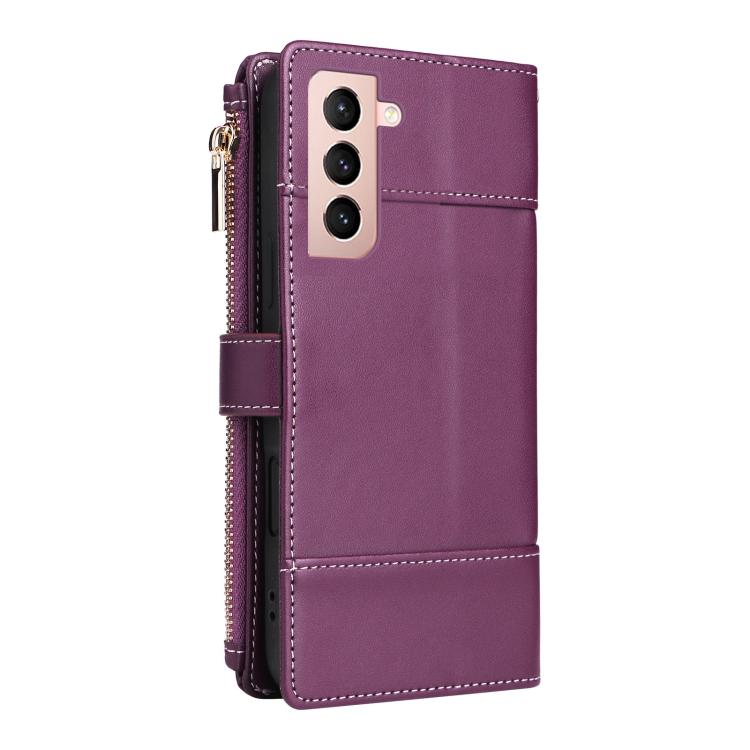 Funda de cuero tipo cartera con cremallera y bloqueo RFID para Samsung Galaxy S21 5G (morado)