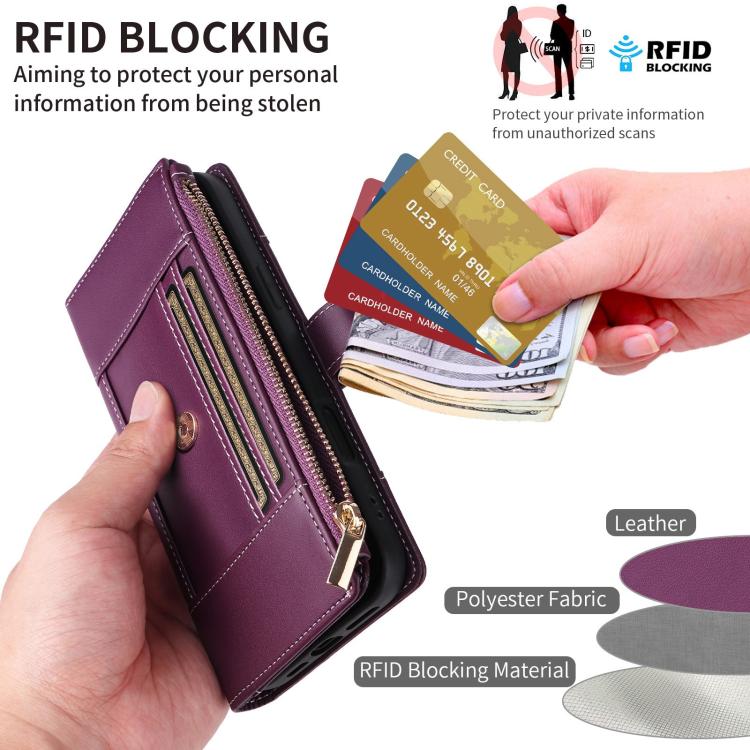 Funda de cuero tipo cartera con cremallera y bloqueo RFID para Samsung Galaxy S21 5G (morado)