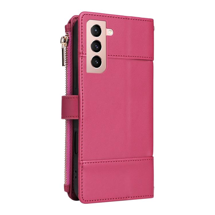 Funda de cuero tipo cartera con cremallera y bloqueo RFID para Samsung Galaxy S21 5G (roja)