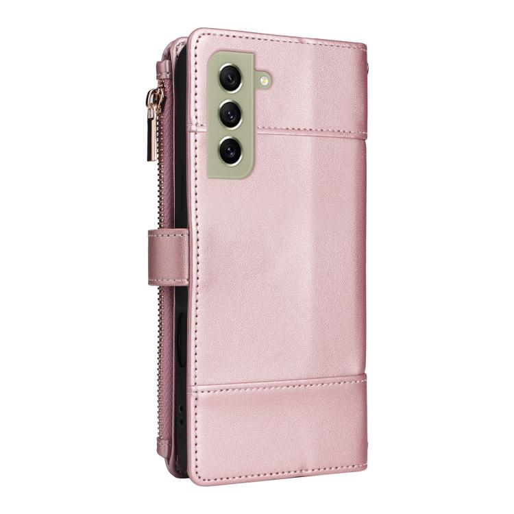 Funda de cuero con cremallera y bloqueo RFID para Samsung Galaxy S21 FE 5G (oro rosa)
