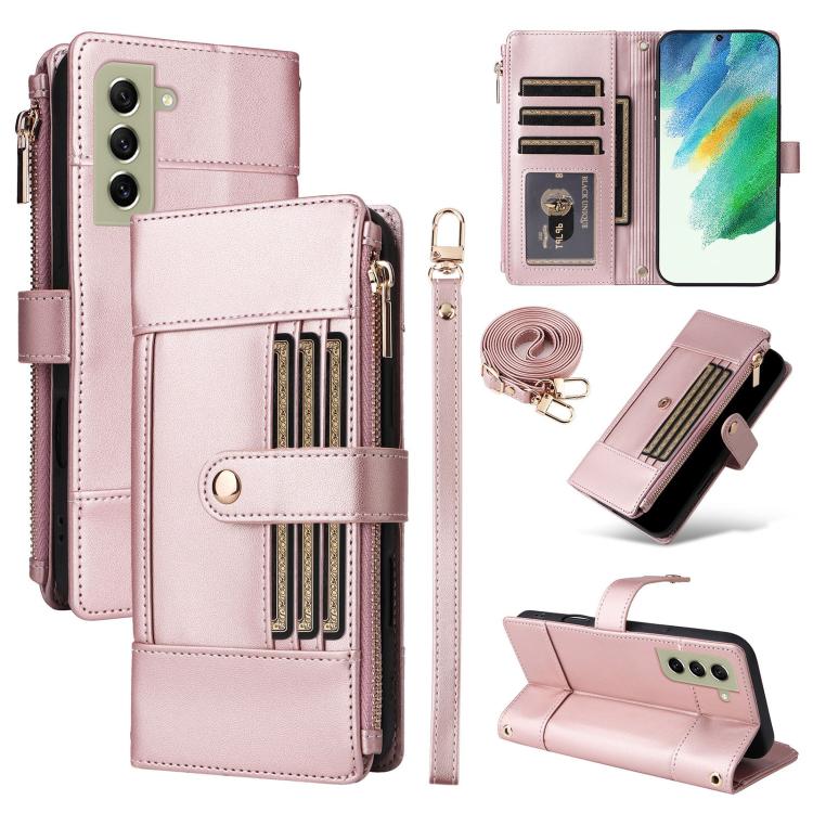 Funda de cuero tipo cartera con cremallera y bloqueo RFID para Samsung Galaxy S21+ 5G (oro rosa)