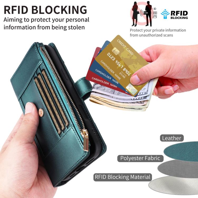 Funda de cuero tipo cartera con cremallera y bloqueo RFID para Samsung Galaxy S21+ 5G (verde)