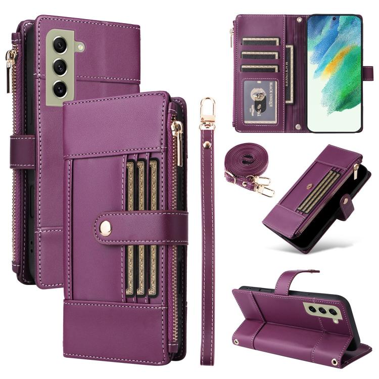 Funda de cuero tipo cartera con cremallera y bloqueo RFID para Samsung Galaxy S21+ 5G (morado)