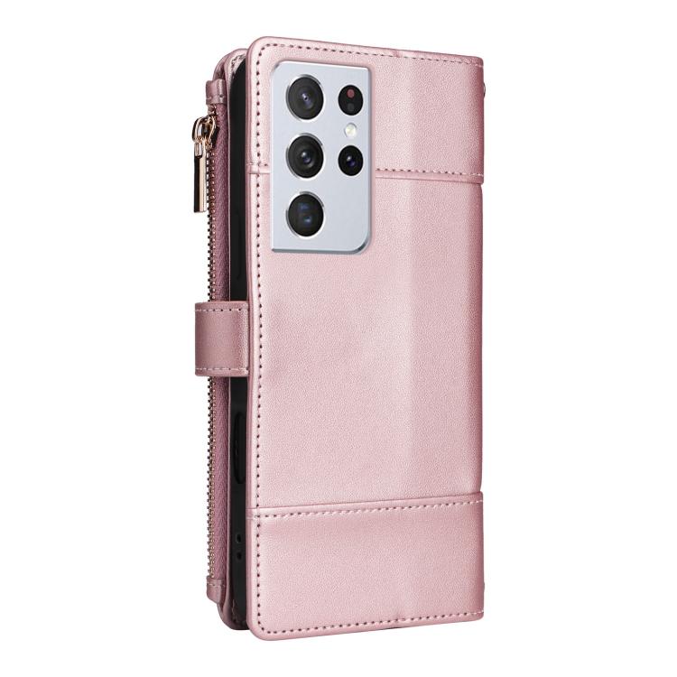 Funda de cuero con cremallera y bloqueo RFID para Samsung Galaxy S21 Ultra 5G (oro rosa)
