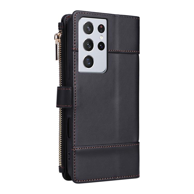 Funda de cuero tipo cartera con cremallera y bloqueo RFID para Samsung Galaxy S21 Ultra 5G (negro)