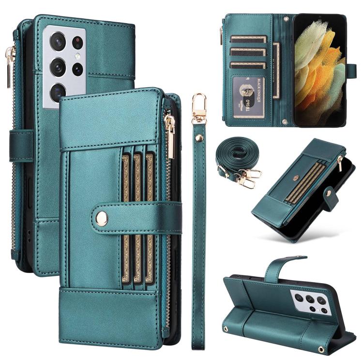 Funda de cuero tipo cartera con cremallera y bloqueo RFID para Samsung Galaxy S21 Ultra 5G (verde)