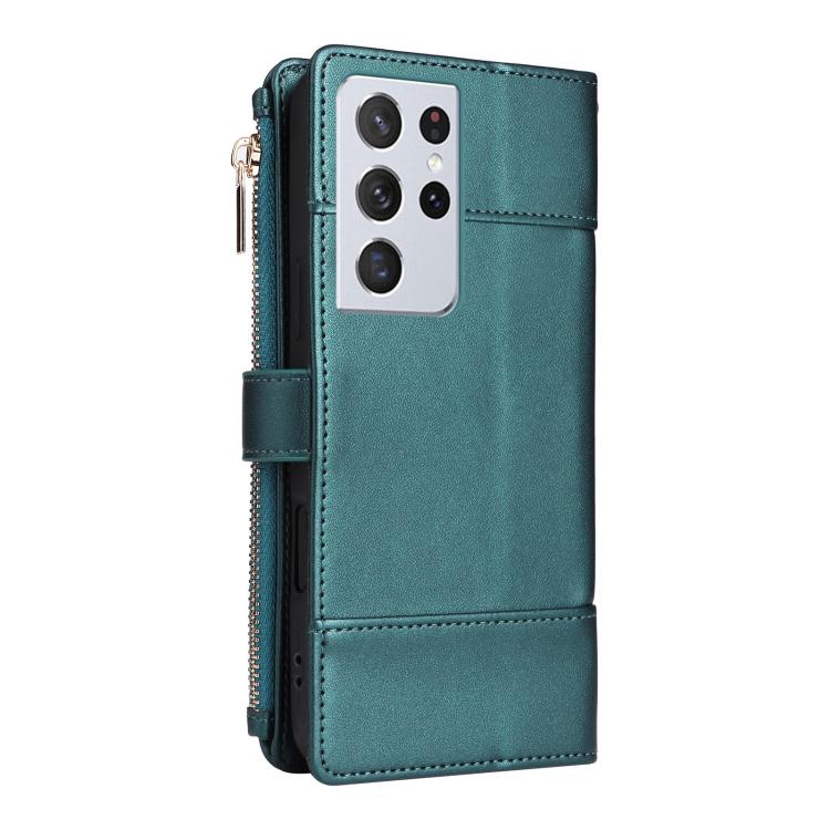 Funda de cuero tipo cartera con cremallera y bloqueo RFID para Samsung Galaxy S21 Ultra 5G (verde)