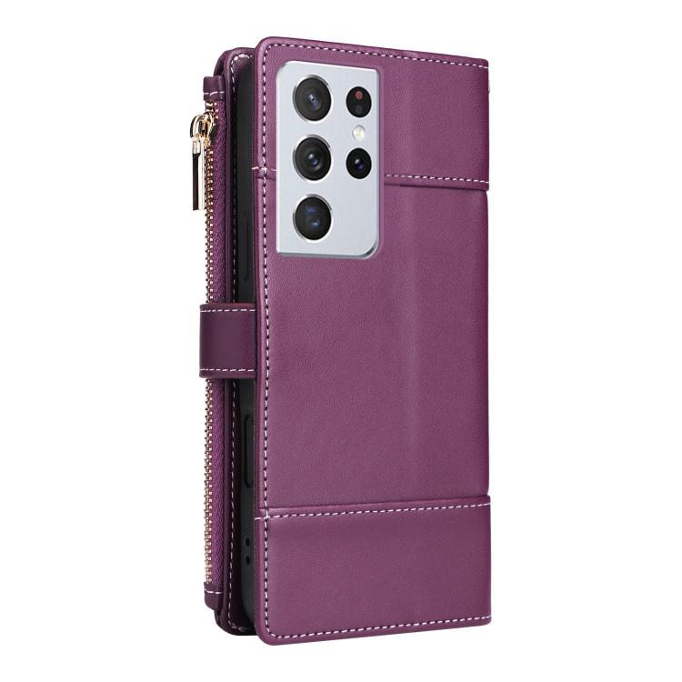 Funda de cuero tipo cartera con cremallera y bloqueo RFID para Samsung Galaxy S21 Ultra 5G (morado)