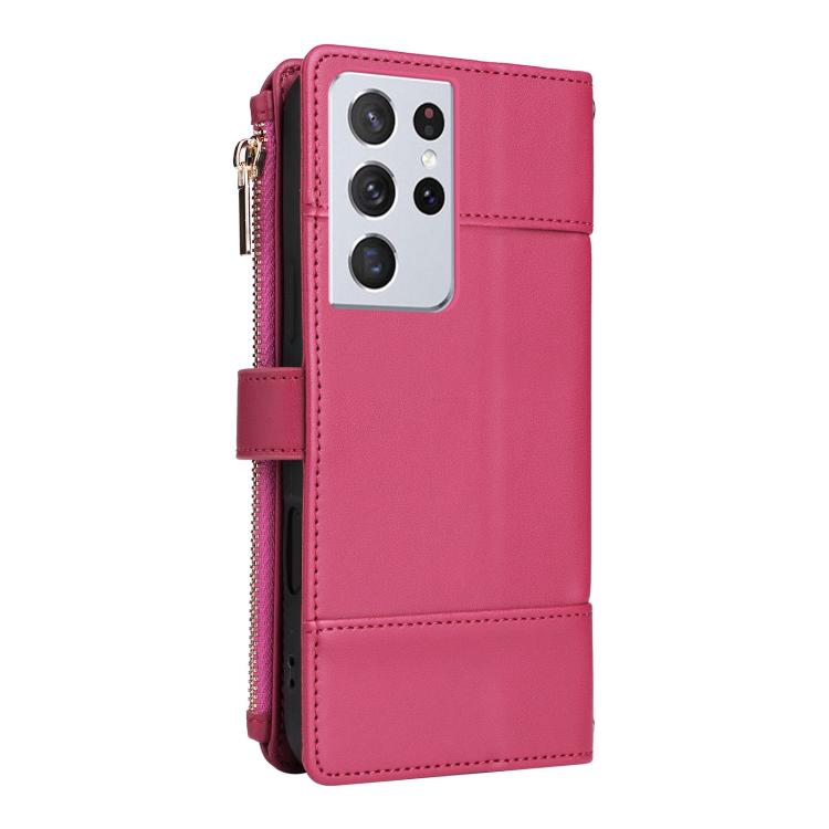 Funda de cuero con cremallera y bloqueo RFID para Samsung Galaxy S21 Ultra 5G (roja)
