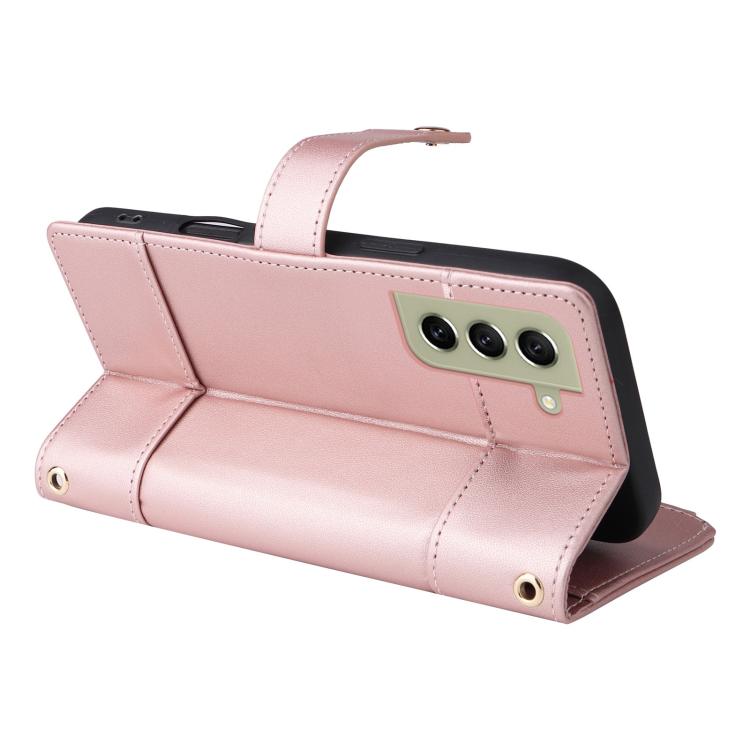 Funda de cuero con cremallera y bloqueo RFID para Samsung Galaxy S22+ 5G (oro rosa)