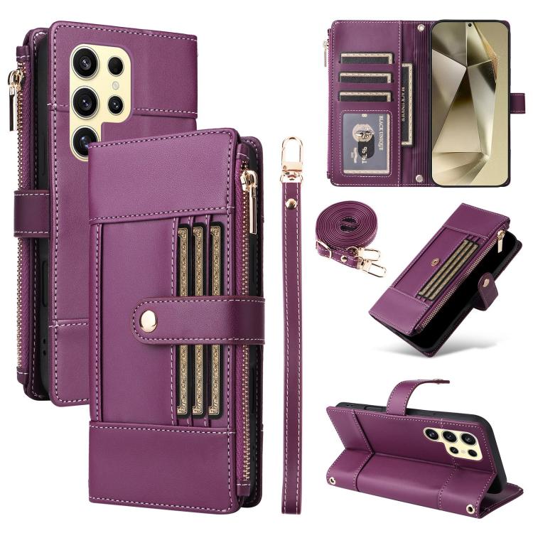 Funda de cuero tipo cartera con cremallera y bloqueo RFID para Samsung Galaxy S22 Ultra 5G (morado)