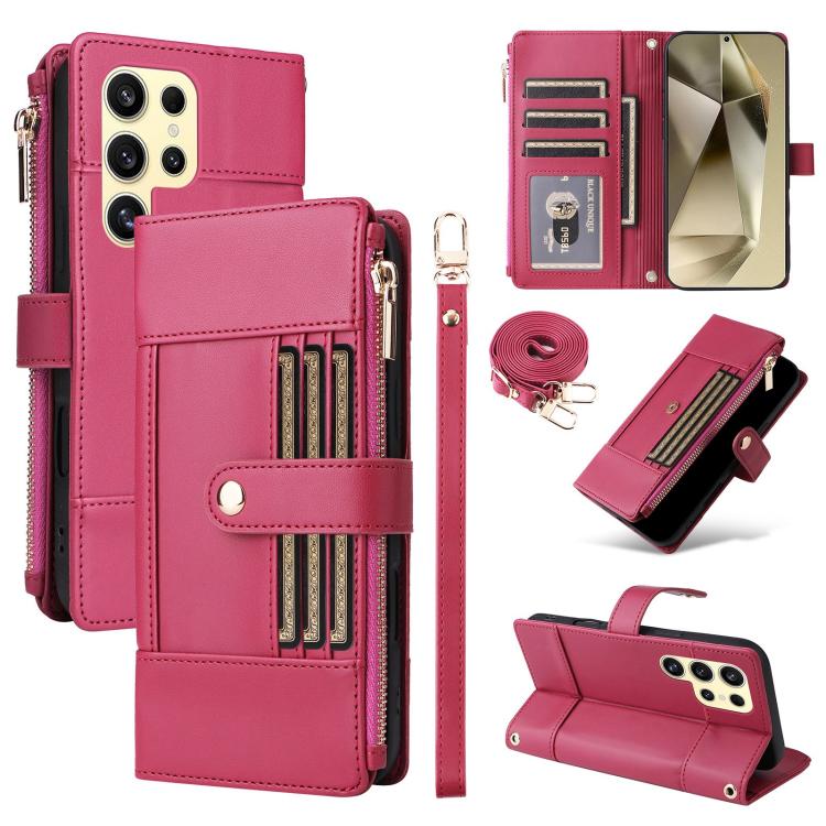 Funda de cuero tipo cartera con cremallera y bloqueo RFID para Samsung Galaxy S22 Ultra 5G (roja)