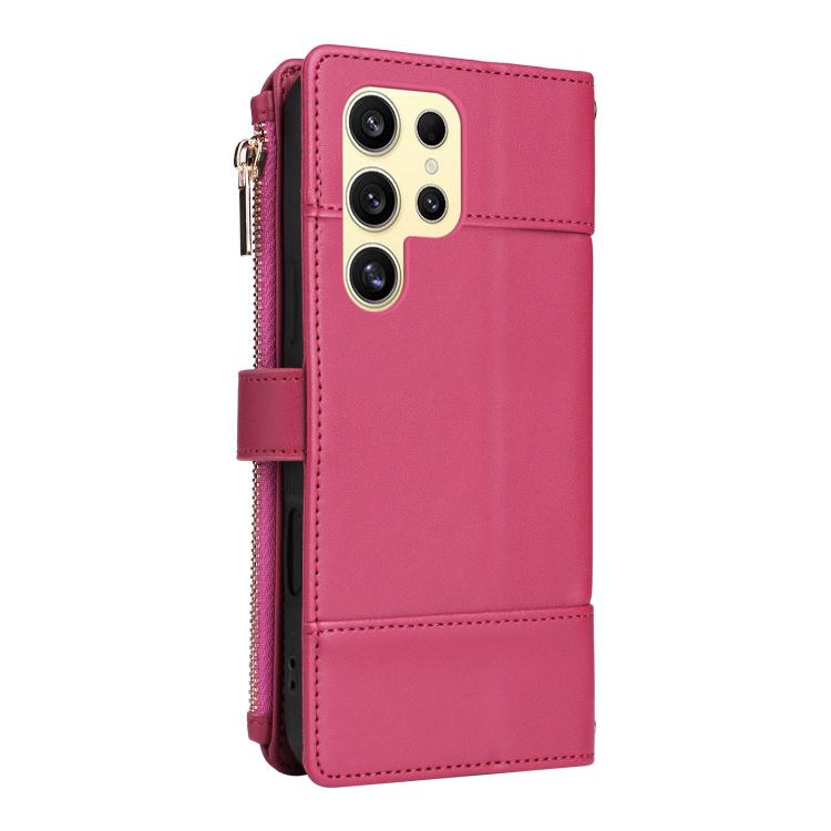 Funda de cuero tipo cartera con cremallera y bloqueo RFID para Samsung Galaxy S22 Ultra 5G (roja)