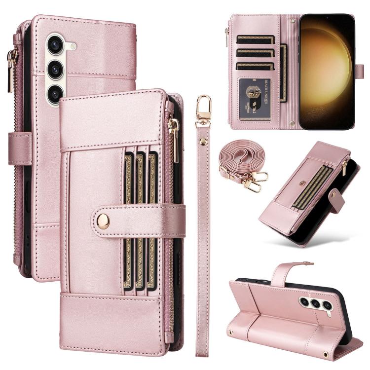 Funda de cuero tipo cartera con cremallera y bloqueo RFID para Samsung Galaxy S23+ 5G (oro rosa)