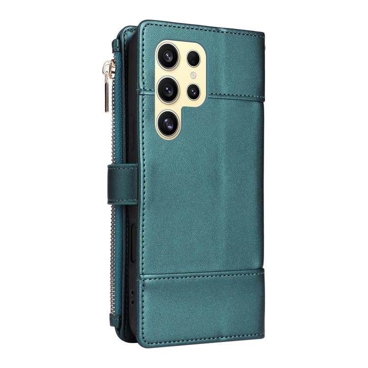 Funda de cuero tipo cartera con cremallera y bloqueo RFID para Samsung Galaxy S23 Ultra 5G (verde)