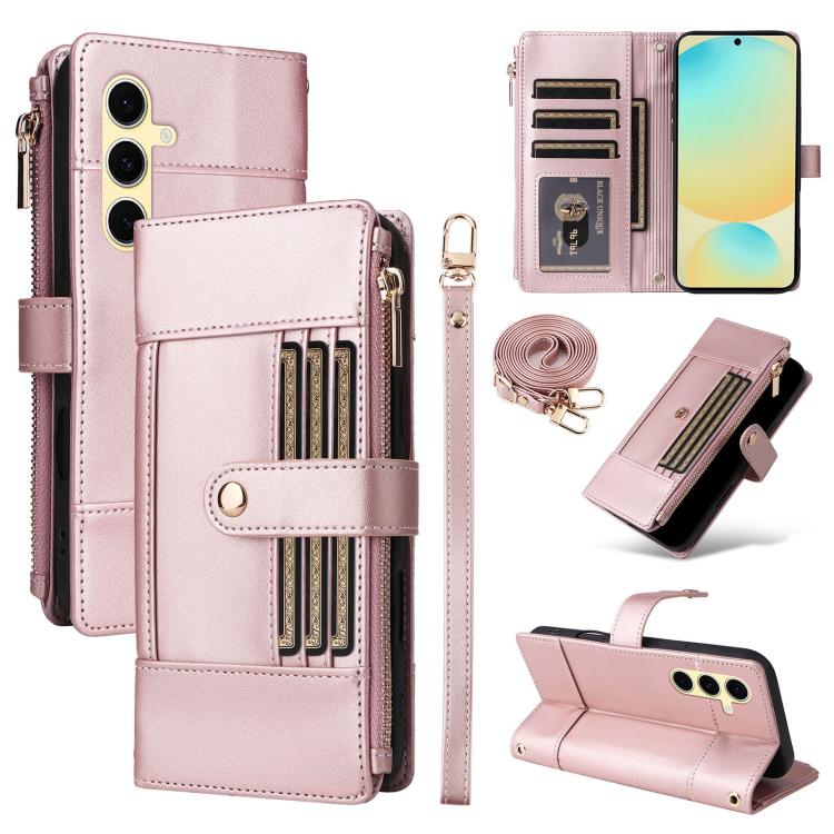 Funda de cuero con cremallera y bloqueo RFID para Samsung Galaxy S24 FE 5G (oro rosa)