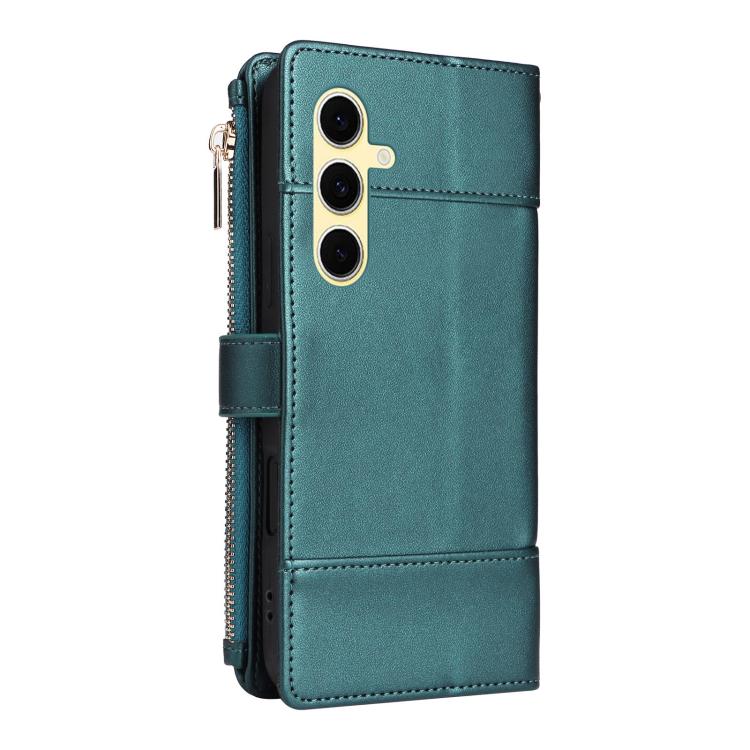 Funda de cuero tipo cartera con cremallera y bloqueo RFID para Samsung Galaxy S24 FE 5G (verde)
