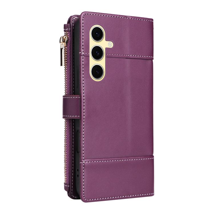 Funda de cuero tipo cartera con cremallera y bloqueo RFID para Samsung Galaxy S24 FE 5G (morado)