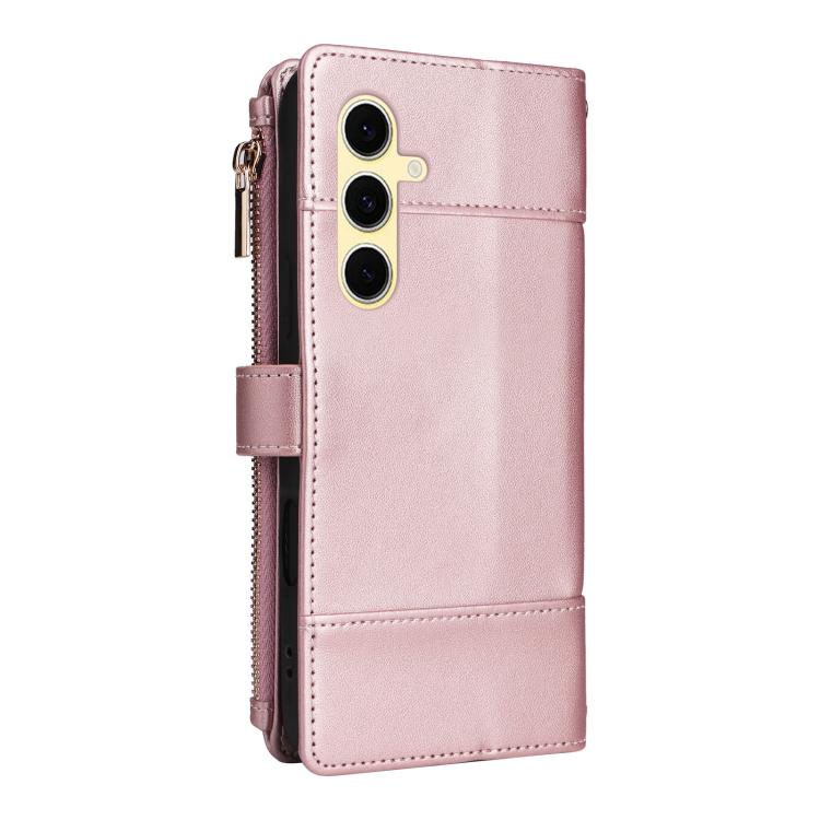 Funda de cuero tipo cartera con cremallera y bloqueo RFID para Samsung Galaxy S24+ / S25+ 5G (oro rosa)