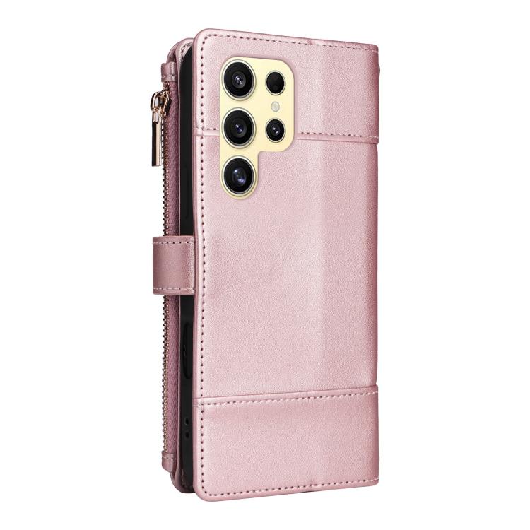 Funda de cuero tipo cartera con cremallera y bloqueo RFID para Samsung Galaxy S24 Ultra 5G (oro rosa)