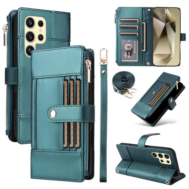 Funda de cuero tipo cartera con cremallera y bloqueo RFID para Samsung Galaxy S24 Ultra 5G (verde)