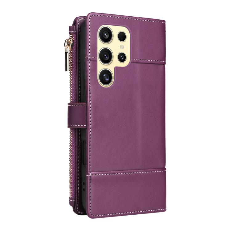 Funda de cuero tipo cartera con cremallera y bloqueo RFID para Samsung Galaxy S24 Ultra 5G (morado)