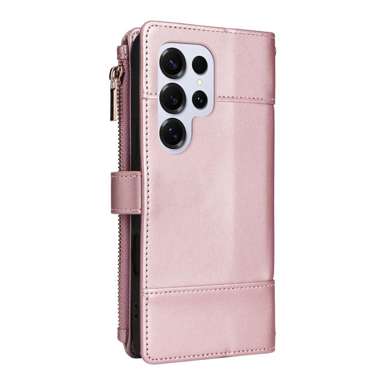 Funda de cuero tipo cartera con cremallera y bloqueo RFID para Samsung Galaxy S25 Ultra 5G (oro rosa)