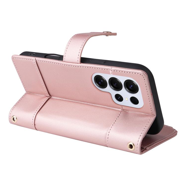Funda de cuero tipo cartera con cremallera y bloqueo RFID para Samsung Galaxy S25 Ultra 5G (oro rosa)
