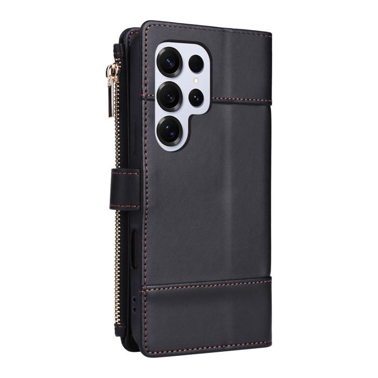 Funda de cuero tipo cartera con cremallera y bloqueo RFID para Samsung Galaxy S25 Ultra 5G (negro)